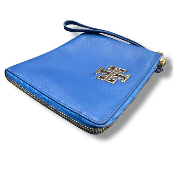Tory Burch Britten Large Blue Pebbled Leather Zip Wristlet Wallet Gold Hardware - Picture 5 of 12